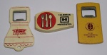 Lote com 3 colecionáveis abridores de garrafas promocionais - Bucha Fame - Talheres Hercules e Hotel Inter-Continental - Rio - Material: Plástico e metal - Medida maior: 9,5 cm comprimento.