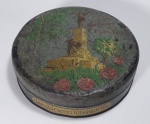 COLECIONISMO - Antiga e colecionável lata da Fábrica de doces Todarelli LTDA. Com Litografia na tampa do monumento de poços de caldas - MG. Medida: 16 cm diâmetro X 4,5 cm alt.