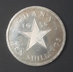 MOEDA EM PRATA 0,925 - 10 SHILLINGS - GANA - ESTRELA - ANO 1958