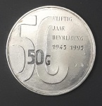 MOEDA EM PRATA 0,925 - 50 GULDEN - HOLANDA - 50 ANOS DA LIBERTAÇÃO 1945/1995 - ANO 1995