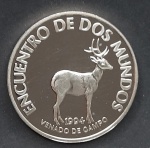 MOEDA EM PRATA 0,925 - 200 PESOS - URUGUAI - ENCONTRO DE 2 MUNDOS, VEADO DO CAMPO - ANO 1994