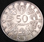Áustria - 1969 - 50 Shilling - 450º Aniversário - Morte de Maximiliano - Prata 0.900, 20g,  34mm - FC
