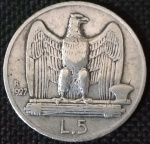 Itália - 1927 - 5 Liras - Prata 0.835, 5 g,  23 mm - Uma das datas mais caras da série.