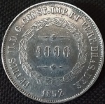 Brasil - 1852 - 1000 Réis - Prata 0.917, 12.75 g,  30 mm - Ótimo estado.