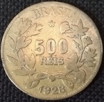 Brasil - 1928 -  500 Réis - Alumínio-Bronze, 3.95 g,  22.73 mm.