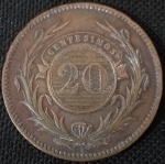 Uruguay - 1857  - 20 centésimos - Cobre, 21.3g,  34mm. Em ótimo estado.