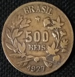 Brasil - 1927 - 500 Réis - Alumínio-Bronze, 3.95g,  22.73mm - Ótimo estado de conservação.