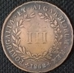 Portugal - 1868 - 3 Réis - Cobre, 3.8g,  23.5mm - Muito rara.