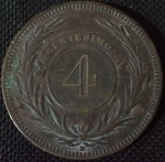 Uruguay - 1869 -4 Centesimos - Bronze, 20g,  35mm - Cunhagem Birmingham (H).