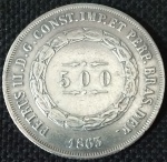 Brasil - 500 Réis 1863 - Prata 0.917, 6.375g,  25mm - MBC.