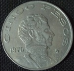México - 1976 - 5 Pesos - Cupro-Níquel, 14g,  33mm.