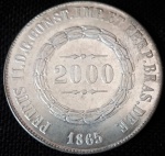 Brasil - 2000 Réis - 1865 - Prata 0.917, 25.5g,  37mm.