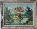 Quadro Ost " Casa no Lago", Assinado no cie, porém ilegível, medidas de 60cm x 45cm (tela) e 73cm x 58cm (moldura). Obs. A moldura apresenta falhas.