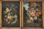 Escola Holandesa: "Natureza morta com flores". Belíssimo pendant , O.S.T. , sem assinatura aparente , séc XVIII. Med. Mi 68 x 47 cm   Me 76 x 55 cm