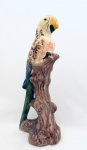 Escultura de arara repousando sobre tronco, em porcelana. Med. 37x14 cm.