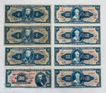 Numismática  Lote com 8 cédulas, sendo 1 cédula de 5.000 cruzeiros, 4 cédulas de 1.000 cruzeiros e 3 cédulas de 2 cruzeiros.