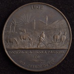 Medalha Comemorativa, Sociedade Agrícola Pastoral do Rio Grande do Sul - Exposição Agrícola e Pecuária, Bronze Prateado, Data 1902, Flor de Cunho.