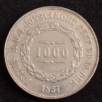 Moeda Brasileira, Império, Valor 1000 Reis, Ano 1857, Prata, Muito Bem Conservada.