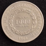 Moeda Brasileira, Império, Valor 1000 Reis, Ano 1860, Prata, Muito Bem Conservada.