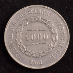 Moeda Brasileira, Império, Valor 1000 Reis, Ano 1861, Prata, Muito Bem Conservada.