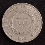 Moeda Brasileira, Império, Valor 1000 Reis, Ano 1863, Prata, Muito Bem Conservada.