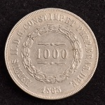 Moeda Brasileira, Império, Valor 1000 Reis, Ano 1865, Prata, Muito Bem Conservada.