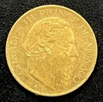 Moeda Estrangeira, MÔNACO, Valor 20 Francos, Ano 1878 A, Ouro, Peso 6,45 g, Diâmetro 21 mm, Soberba.