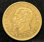 Moeda Estrangeira, ITÁLIA, Valor 20 Liras, Ano 1874 M, Ouro, Peso 6,45 g, Diâmetro 21 mm, Soberba/FC.