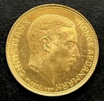 Moeda Estrangeira, DINAMARCA, Valor 20 Coroas, Ano 1913, Ouro, Peso 9 g, Diâmetro 23 mm, Flor de Cunho.