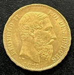Moeda Estrangeira, BÉLGICA, Valor 20 Francos, Ano 1878, Ouro, Peso 6,45 g, Diâmetro 21 mm, Flor de Cunho..