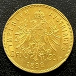 Moeda Estrangeira, ÁUSTRIA, Valor 8 Florins/20 Francos, Ano 1892, Ouro, Peso 6,45 g, Diâmetro 21 mm, Soberba.