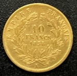 Moeda Estrangeira, FRANÇA, Valor 10 Francos, Ano 1858 A, Ouro, Peso 3,23 g, Diâmetro 17 mm, Muito Bem Conservada.