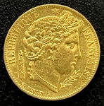 Moeda Estrangeira, FRANÇA, Valor 20 Francos, Ano 1849 A, Ouro, Peso 6,45 g, Diâmetro 21 mm, Soberba.