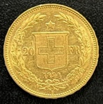 Moeda Estrangeira, SUÍÇA, Valor 20 Francos, Ano 1894, Ouro, Peso 6,45 g, Diâmetro 21 mm, Soberba.