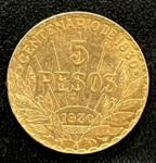 Moeda Estrangeira, URUGUAI, Valor 5 Pesos, Ano 1930, Ouro, Peso 8,5 g, Diâmetro 22 mm, Soberba.