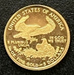 Moeda Estrangeira, USA, Valor 5 Dollars, Ano 2007, Ouro, Peso  3,4 g (1/10 de Onça), Diâmetro 16 mm, Proof - Flor de Cunho.