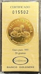 Barra Circular de Ouro,  Banco do Brasil - Certificado Nº 015502, Ouro Puro 999, Peso 20 g, Lacrada, Excelente Estado de Conservação.