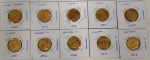 Conjunto de 10 moedas de libra esterlina inglesa OURO selecionadas , algumas raras  (.917) - 22K -, anos diferentes ( 1890 -1892-1896-1898-1899-1900-1902-1910-1911 ( canada ) -1912 ) - 7,98 g cada - total : 79,80 g