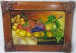 QUADROS - natureza morta assinado Pena representando mesa de frutas e frutos  O.S.M, moldura com aplicações em florões.  Medidas da tela 34 cm x 53, Medidas total 52 cm x 71 cm.