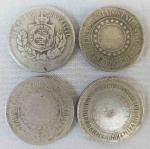 NUMISMÁTICA, Brasil, Império e República, quatro (4) moedas de 200 reis dos anos: 1884; 1893; 1896 e 1899 (DATA ESCASSA), confeccionadas em Cu-Ni, todas circuladas.