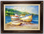 CARVALHO DE CASTRO- ´´MARINHA´´- Belíssima e elegante pintura executada em fina técnica á óleo sobre placa com o motivo de marinha. Mede 45 x 65 cm. Assinado no C.I.D. Enquadrada em moderna moldura em madeira entalhada medindo 63 x 83 cm. Excelente estado de conservação. NOTA SOBRE O ARTISTA: Pintor e desenhista, Antonio Carlos Carvalho de Castro nasceu em São Paulo. Assinava Cacau (até setembro de 1993). Atualmente assina Carvalho de Castro. Estudou pintura na Associação São Bernardense de Belas Artes, SP (1979) onde ganhou uma Medalha de Ouro ainda como aluno. Teve como mestres Paulo Marinho e Moro. Realizou exposição individual em São Bernardo do Campo (1982). Participou de muitas mostras coletivas e oficiais em: São Bernardo do Campo, SP (1981 a 1983, 1985 a 1987, 1989 a 1991); Diadema, SP (1985); Paranapuã, SP (1986); Guaíra, SP (1987); Itatiba, SP (1989); Santo André, SP (1991); Guarujá, SP (1991); Itanhaém, SP (1991); Embu, SP (1992) e, no exterior: Bolívia, Chile, México, Portugal, Espanha, Itália e Japão. Foi premiado em Santo André, SP (1991) e em São Bernardo do Campo, SP (prêmio Nossa Gente).