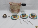 Lote composto de cesta, 3 xícaras de chá em porcelana, etc. Medindo 23cm de diâmetro x 23cm de altura.