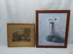 Lote composto de 2 quadros decorativos, sendo um com arranjo de flores e um com cena galante. Medindo o maior 56cm x 46cm.