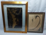 Lote composto de 2 quadros decorativos, sendo um com surfista e um de homem. Medindo o maior 74,5cm x 58,5cm.