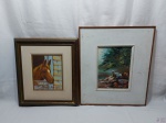 Lote composto de 2 quadros decorativos, sendo um com cavalo e um com lavadeira. Medindo o maior 59cm x 50cm.