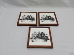 Jogo de 3 descansos de panela em madeira com fundo de azulejo. Medindo 18cm x 18cm.