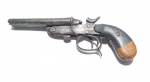 Antiga garrucha calibre 32 - Estrutura em aço cabo em madeira - Possui perda de um cão e pequena perda e restauro no cabo - Peça de coleção "OBSOLETA" - Medida:  21 cm de comprimento.