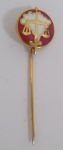 Alfinete de lapela representando justiça - Metal dourado com detalhes esmaltados - Medida: 4 x 1,2 cm.