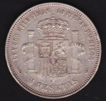 Espanha 1871 - Moeda de prata em grande formato no valor de 5 Pesetas, Rei Amadeu I. Moeda em ótimo estado fechada em SLAB protetor!