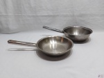 2 Frigideiras com alça em aço inox 18/10 Tramontina. Medindo a maior 22,5cm de diâmetro x  8cm de altura.